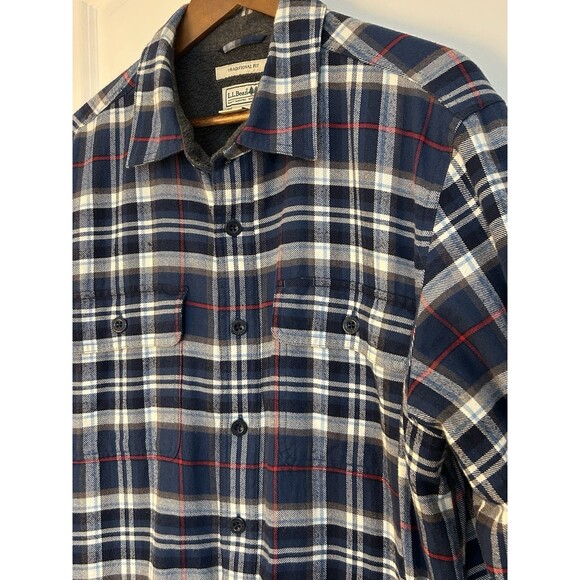 LL Bean Men Shirt Large Tall Sherpa Lined Flannel Traditional Fit Jacket Shacket - Picture 2 of 12